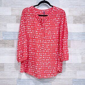 NYDJ Heart Print Henley Popover Blouse Red Womens XL